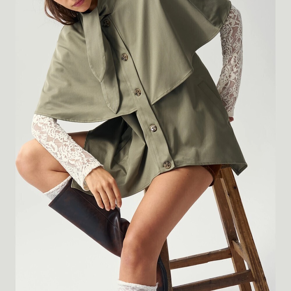 Sage Khaki Tan Green Cape Sleeve Tie Neck Button Front Trench Jacket